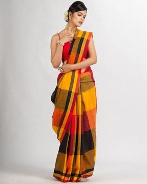 colourblock cotton saree with tassels