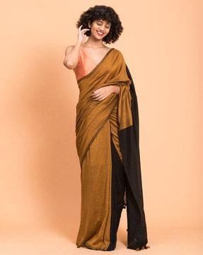 colourblock cotton saree with tassels