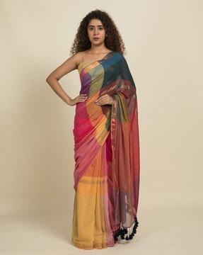 colourblock cotton saree with tassels