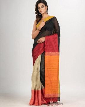 colourblock cotton saree with tassels