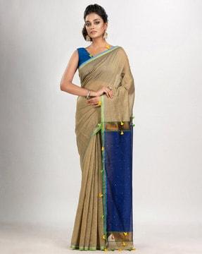 colourblock cotton saree with tassels