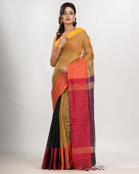 colourblock cotton saree with tassels