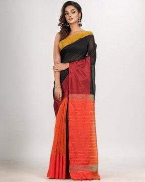 colourblock cotton saree with tassels