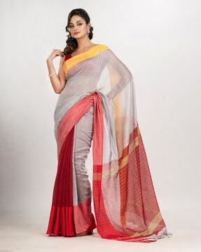 colourblock cotton saree with tassels