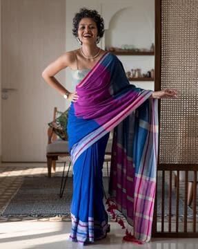 colourblock cotton saree with tassels