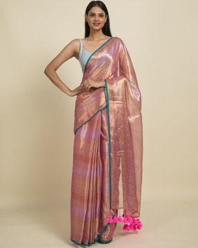 colourblock cotton saree with tassels