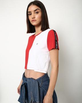 colourblock crew-neck crop t-shirt