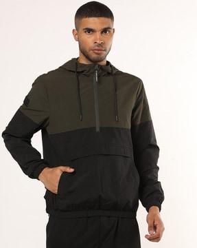 colourblock hooded jacket with kangaroo pocket