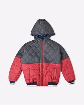 colourblock hooded puffer jacket with insert pockets