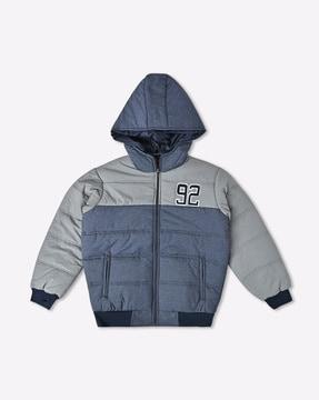 colourblock hooded puffer jacket with zip pockets