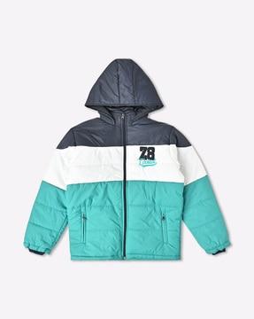 colourblock hooded puffer jacket with zip pockets