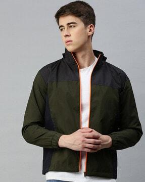 colourblock jacket with detachable hood