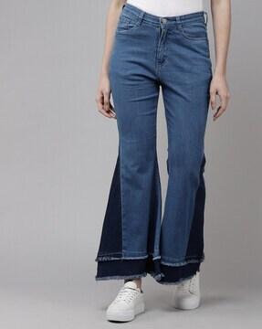 colourblock jeans with frayed hemline