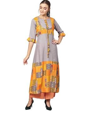 colourblock kurta with tie-up