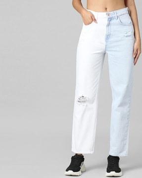 colourblock lightly distressed high-rise jeans