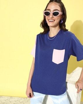 colourblock loose fit crew-neck t-shirt with patch pocket