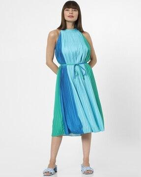 colourblock pleated a-line dress with waist belt