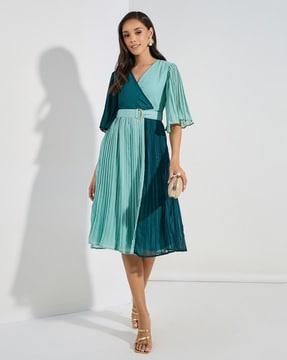 colourblock pleated wrap dress with belt