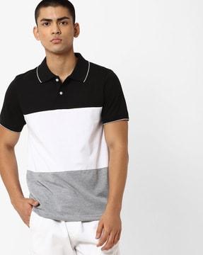 colourblock polo t-shirt with ribbed sleeve hems