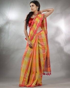 colourblock print saree with tassels