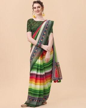 colourblock printed saree with blouse piece