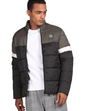 colourblock puffer jacket with zip pockets