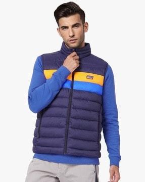 colourblock quilted jacket with zipper pockets