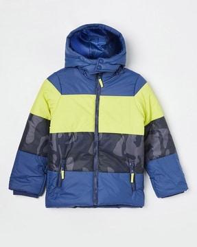 colourblock regular fit hooded jacket with zip-front closure