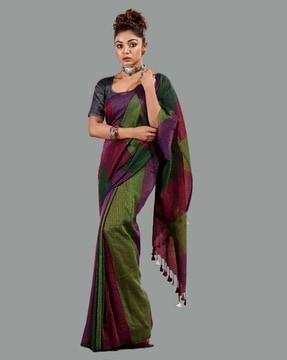 colourblock saree with contrast border and tassels