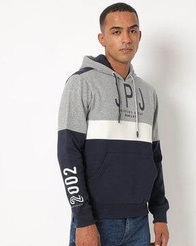 colourblock slim fit hooded sweatshirt with kangaroo pockets