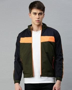 colourblock slim fit jacket with zip-front