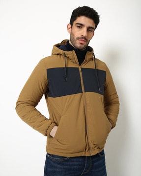colourblock slim fit zip-front hooded jacket