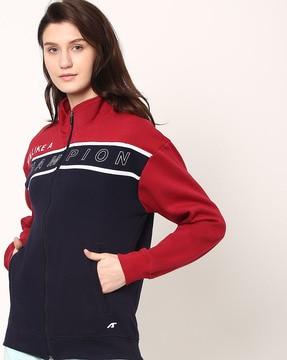 colourblock slim fit zip-front track jacket with typography