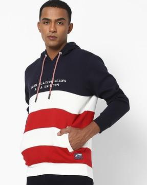 colourblock striped slim fit hoodie with pockets