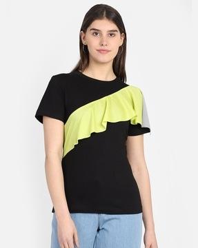 colourblock top with ruffle accent