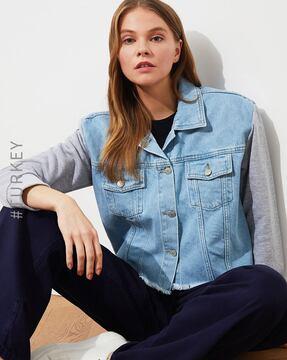 colourblock trucker jacket with frayed hem