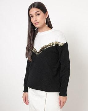 colourblock v-neck pullover with sequinned panel