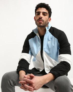 colourblock zip-front bomber jacket with raglan sleeves