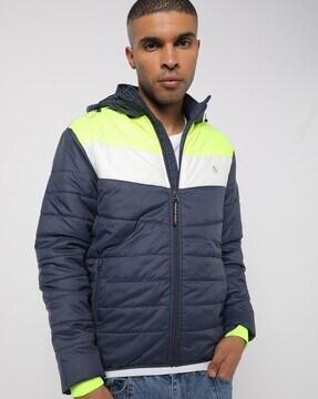 colourblock zip-front hooded puffer jacket