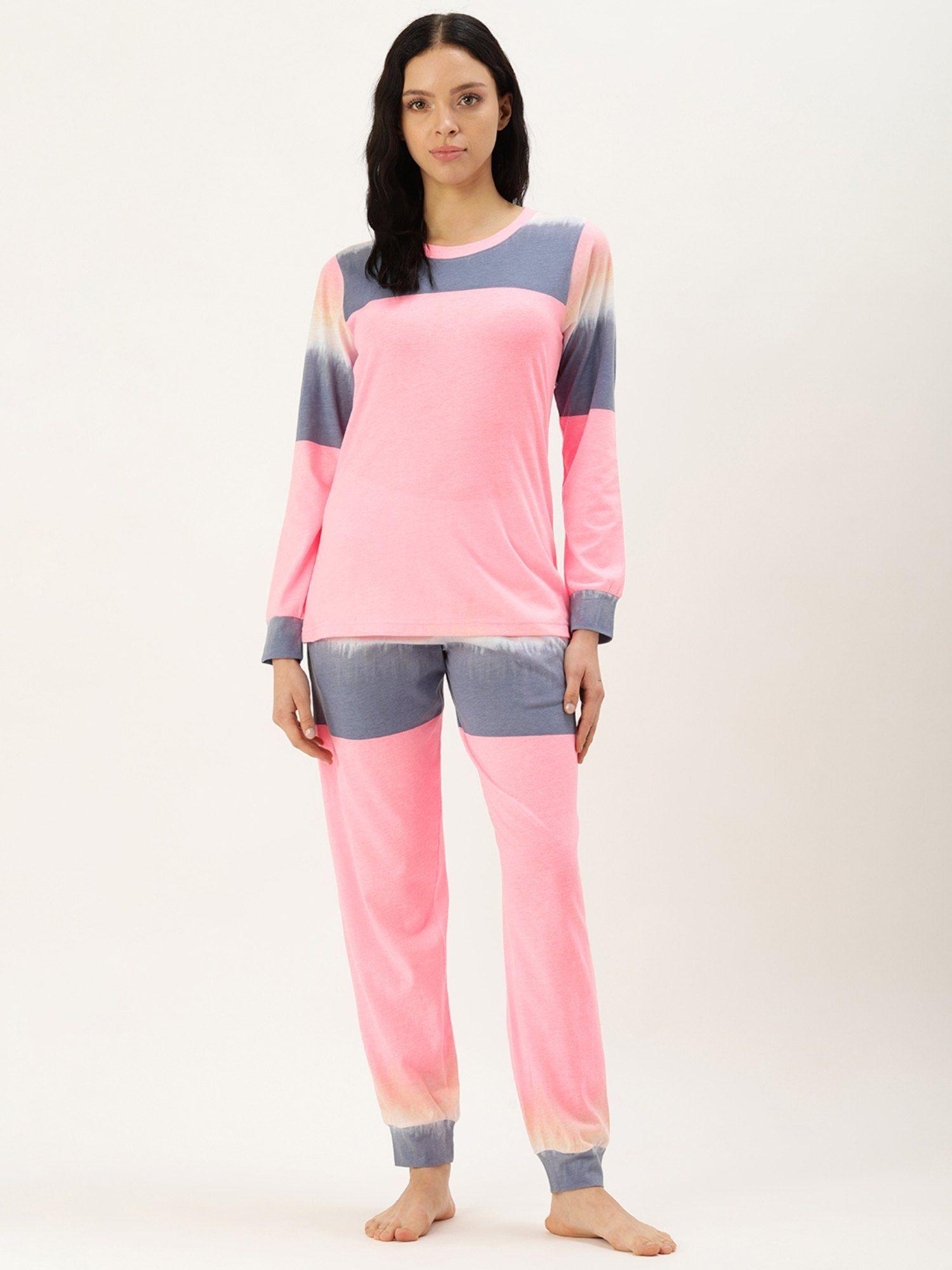 colourblocked pink t-shirt and pyjama (set of 2)