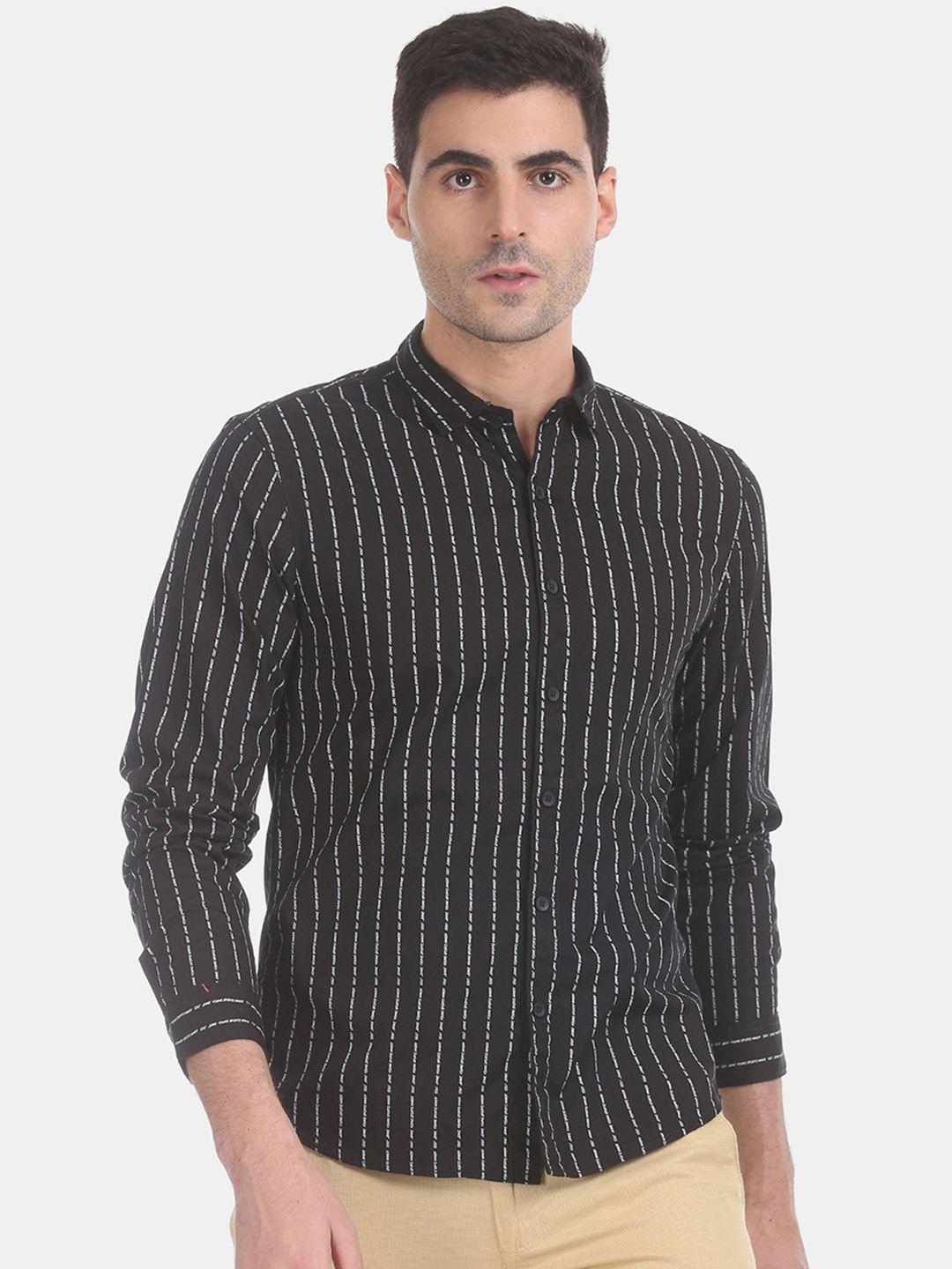 colt men black & white slim fit striped casual shirt