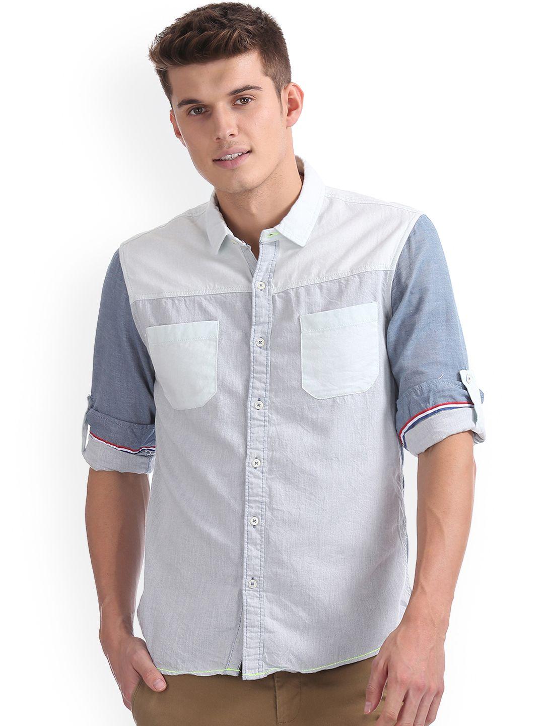 colt men blue regular fit colourblocked casual shirt