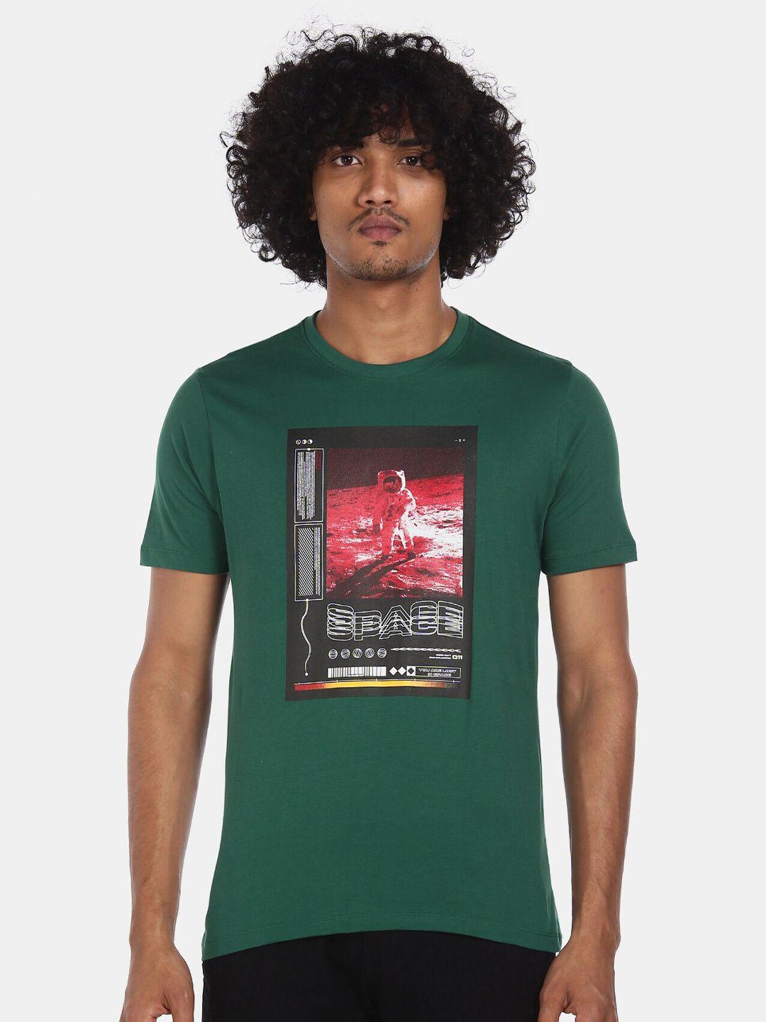 colt men green & black pure cotton printed round neck t-shirt
