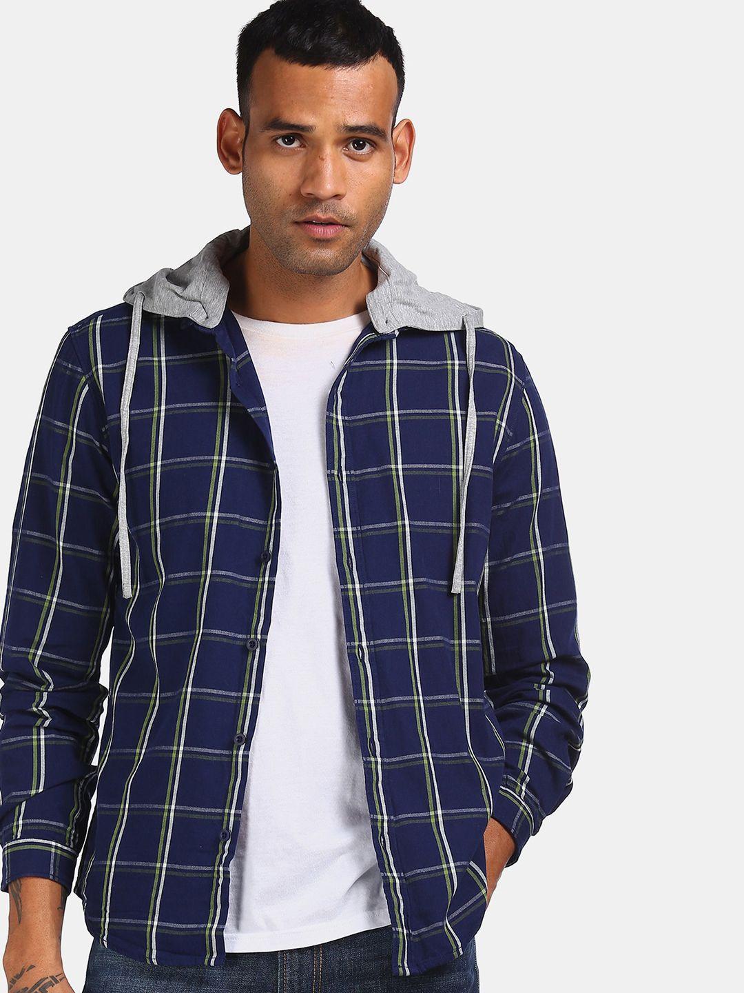 colt men navy blue & green regular fit hooded checked casual shirt