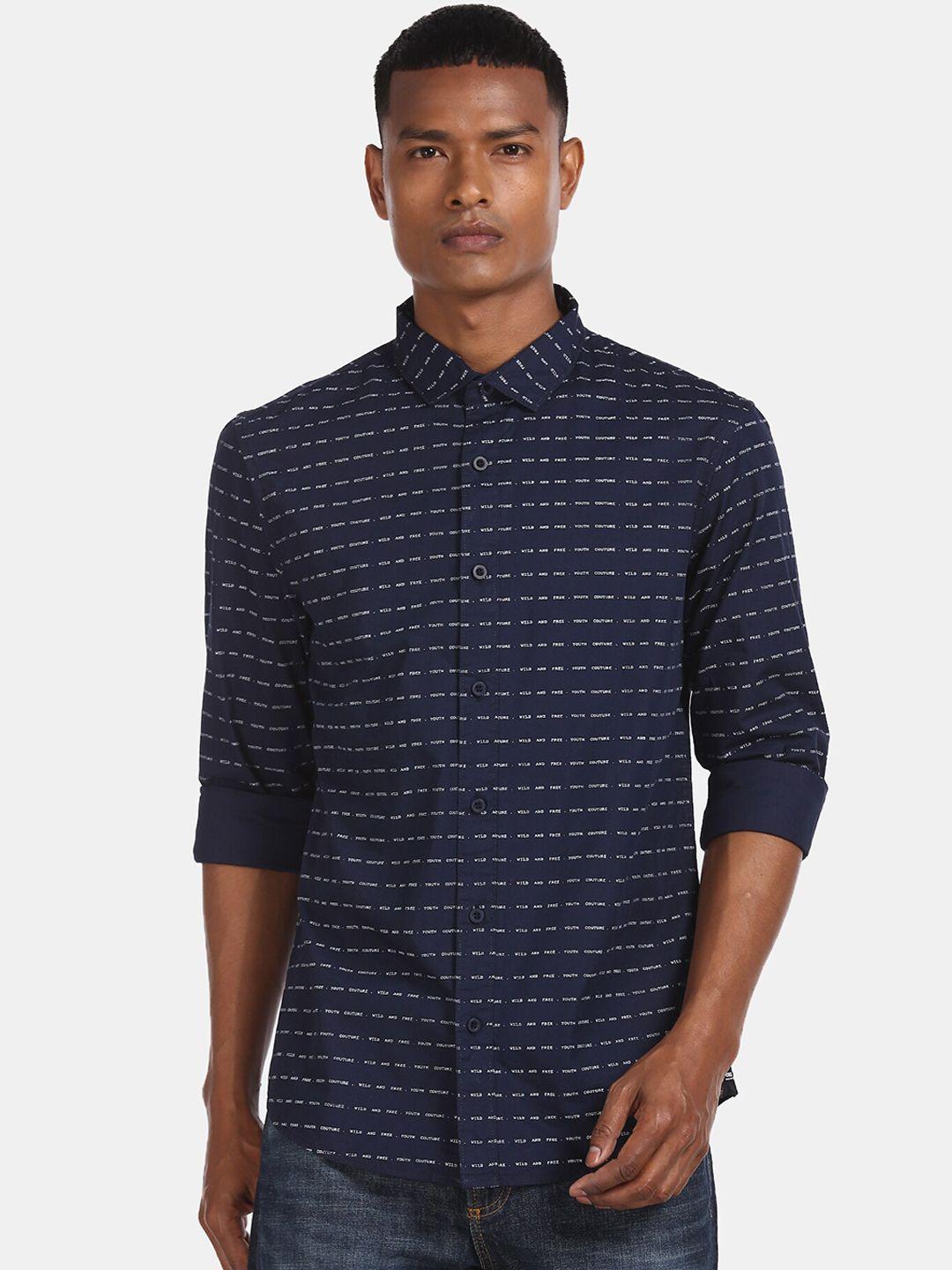 colt men navy blue regular fit printed casual shirt