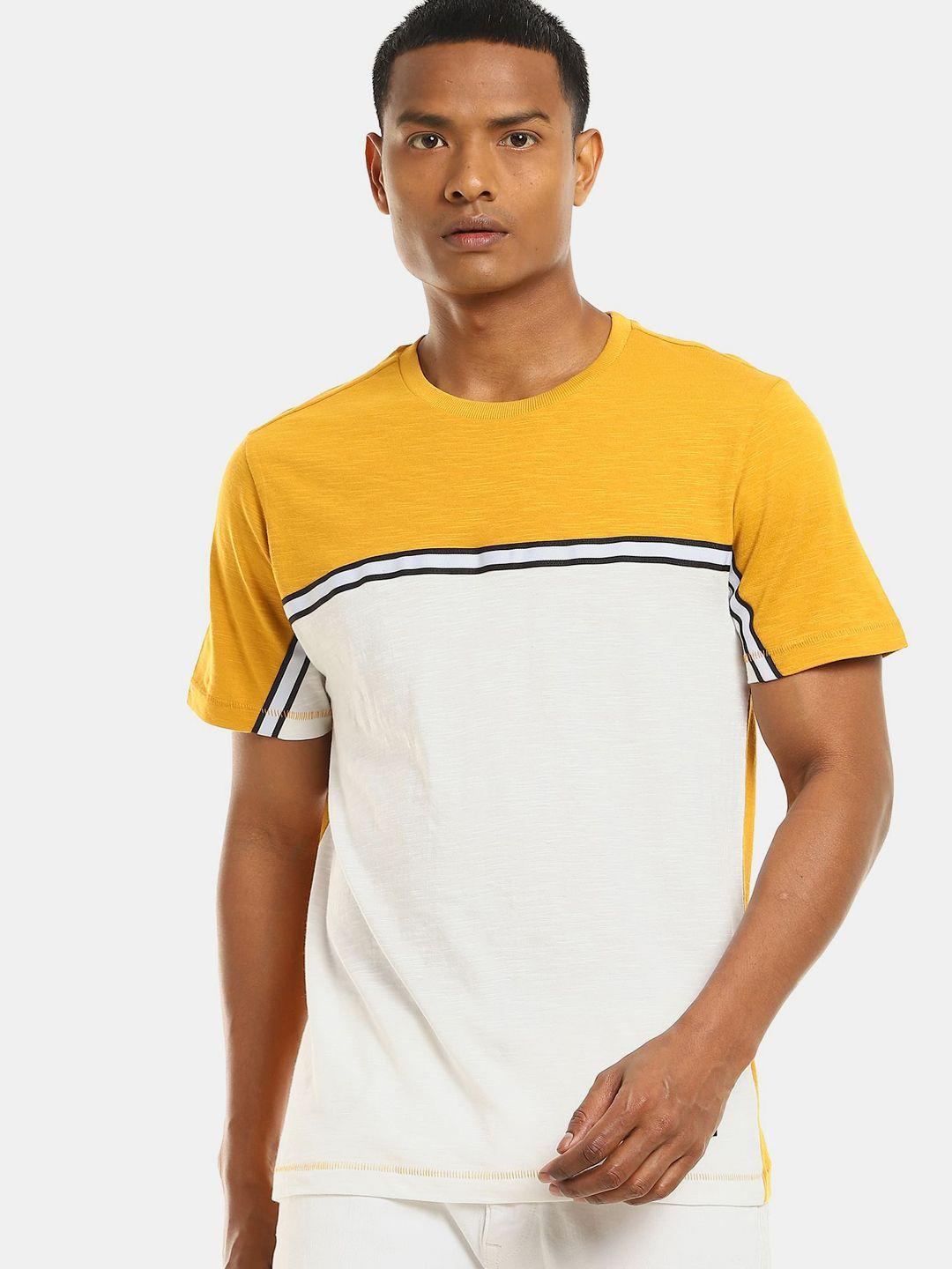 colt men yellow & white colourblocked cotton t-shirt