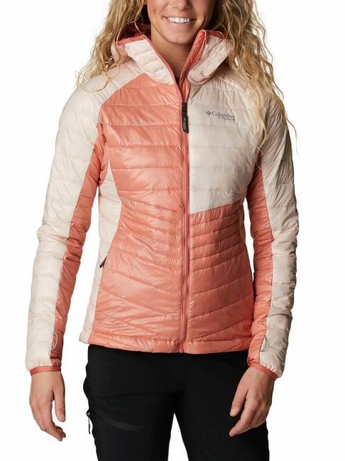 columbia beige & pink full sleeve platinum peak puffer jacket