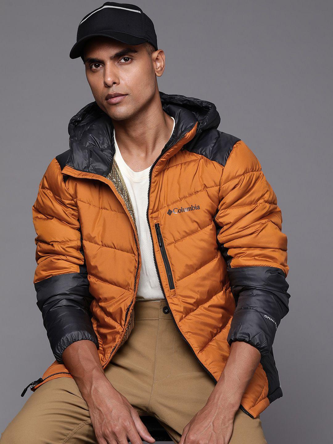 columbia men orange navy blue colourblocked outdoor puffer jacket