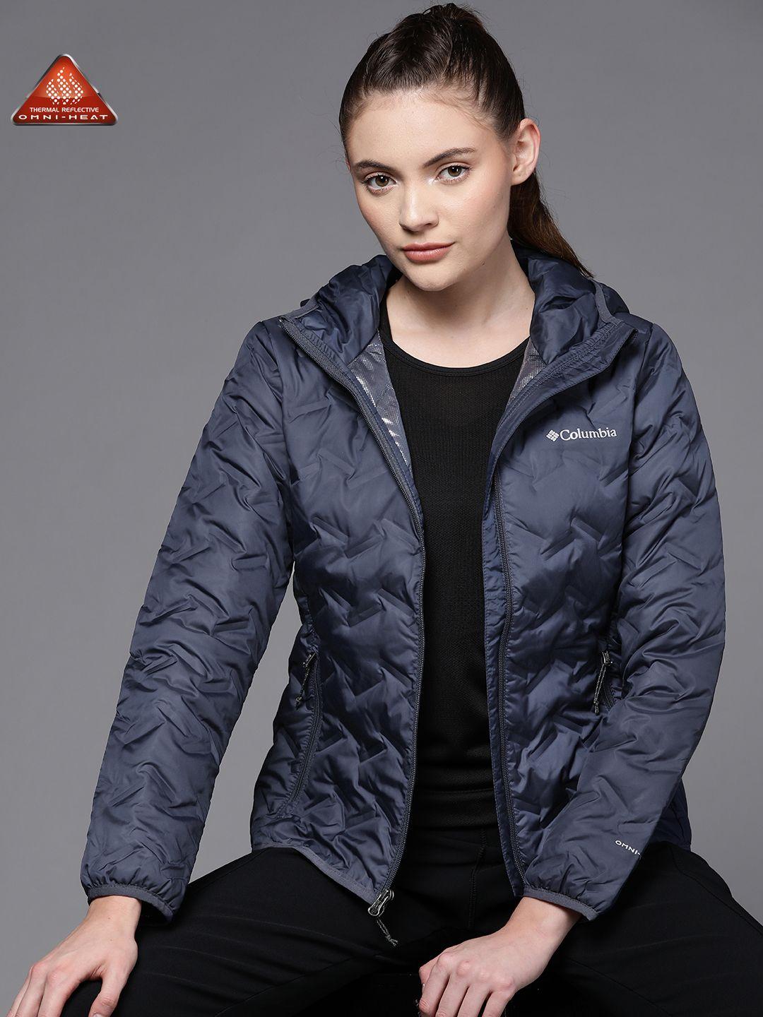 columbia women navy blue reflective strip outdoor puffer jacket