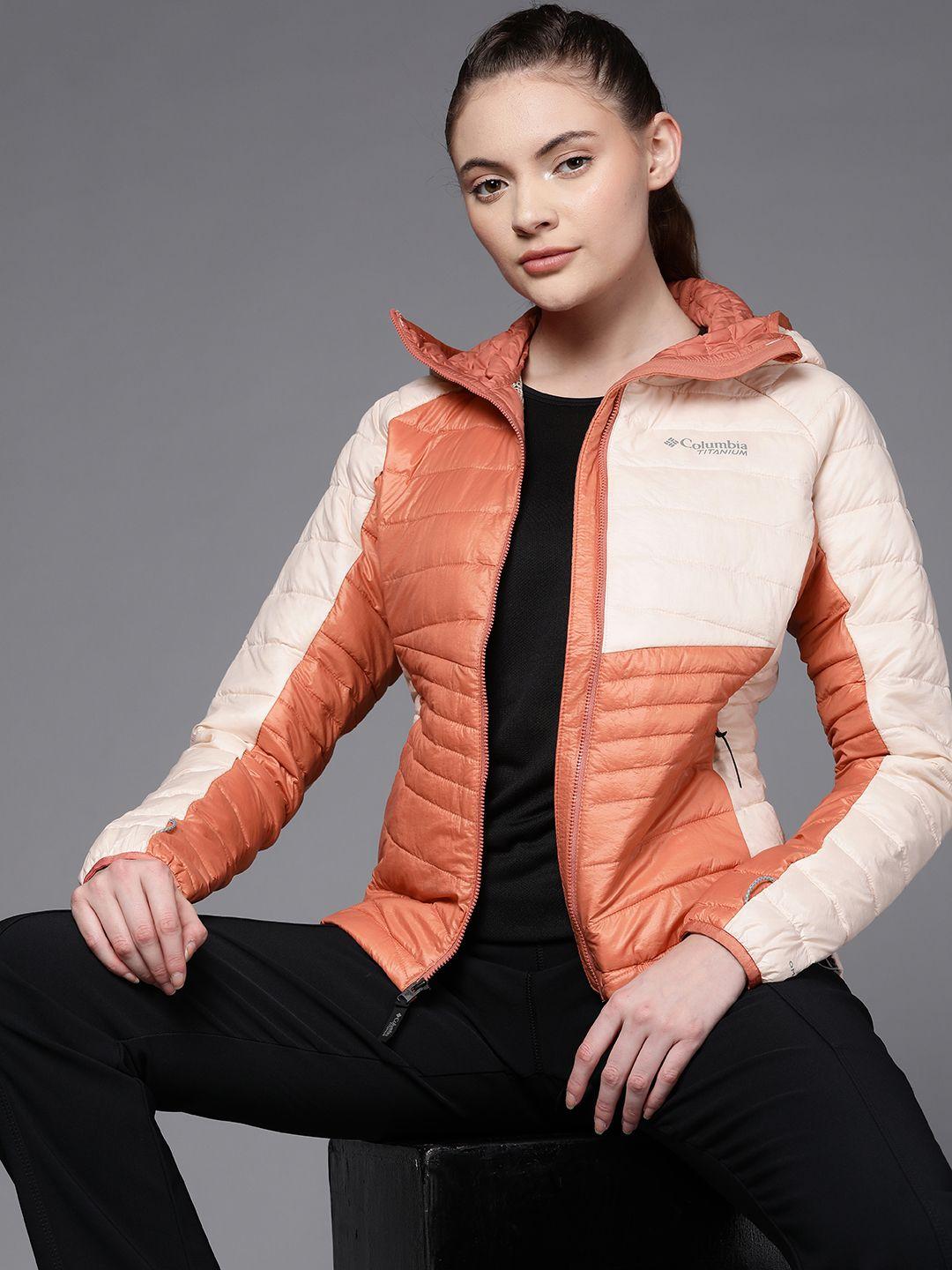 columbia women peach-coloured rust colourblocked reflective strip outdoor puffer jacket